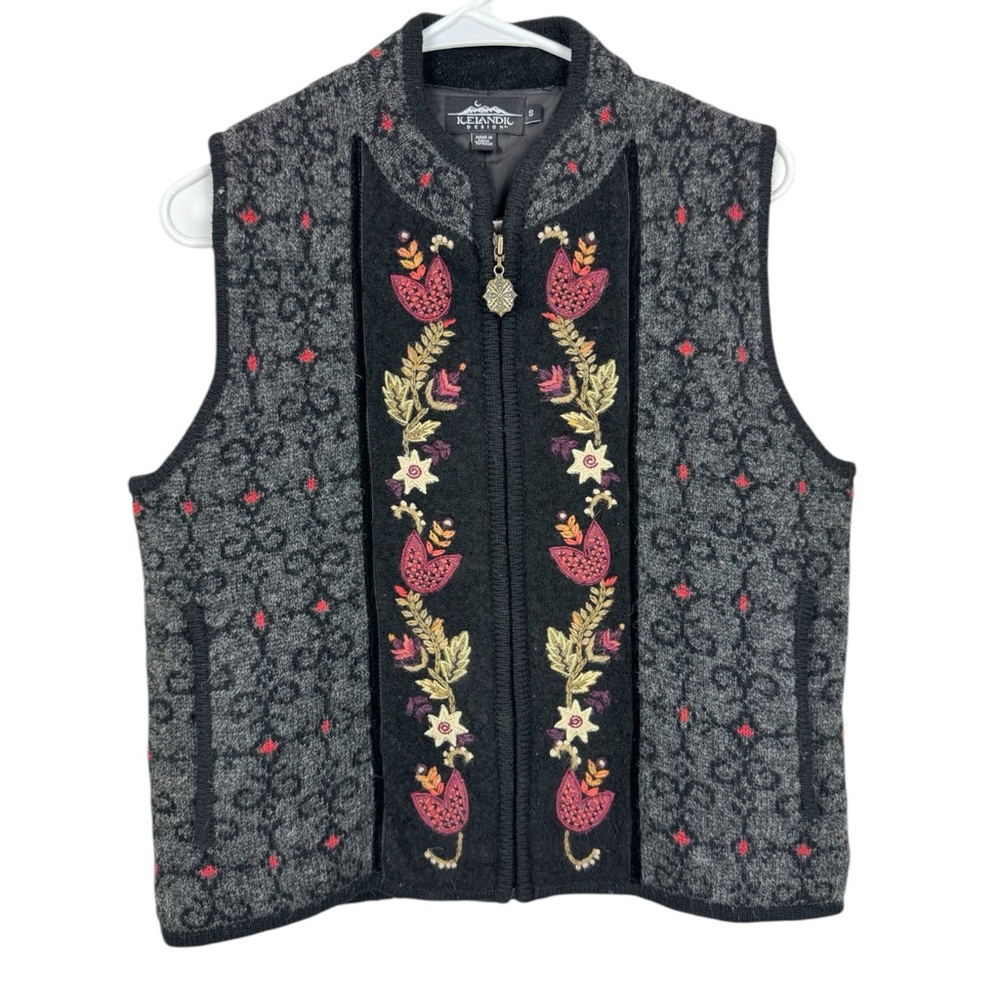Icelandic Design floral embroidered wool blend zip-front vest S - Picture 1 of 7